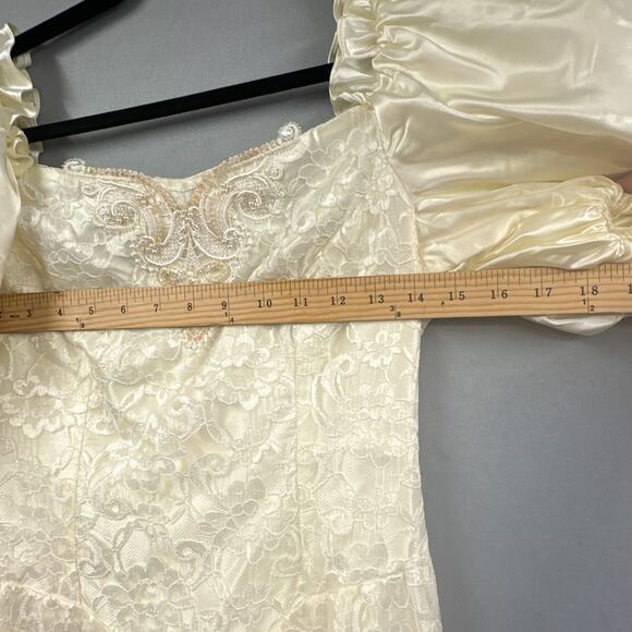 VTG 90s Formal Dress M Ivory Puff Sleeve Wedding Lace Glam Satin Union Prom US - Picture 11 of 16